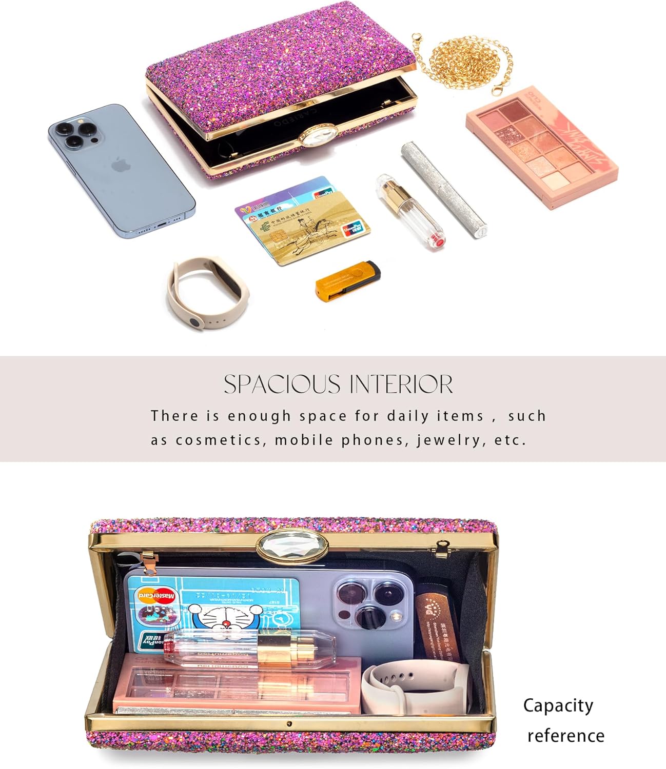 CARIEDO Women's Sparkling Clutch Purse Elegant Glitter Evening Bags Bling Evening Handbag for Dance Wedding Party Prom Bride